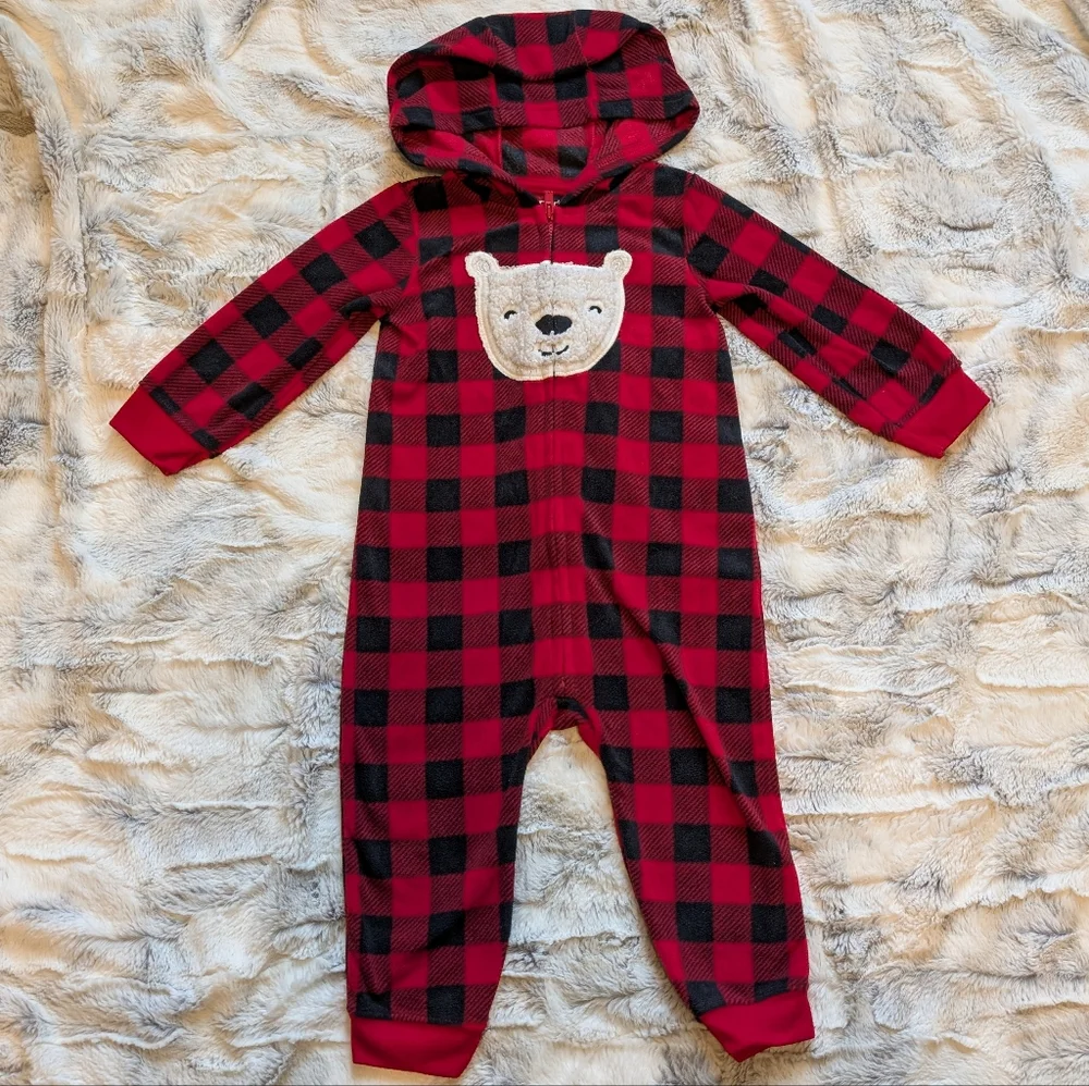 Carter's Fleece Polar Bear Plaid Red Black Hooded Zip Up Pajamas Onesie Holiday
